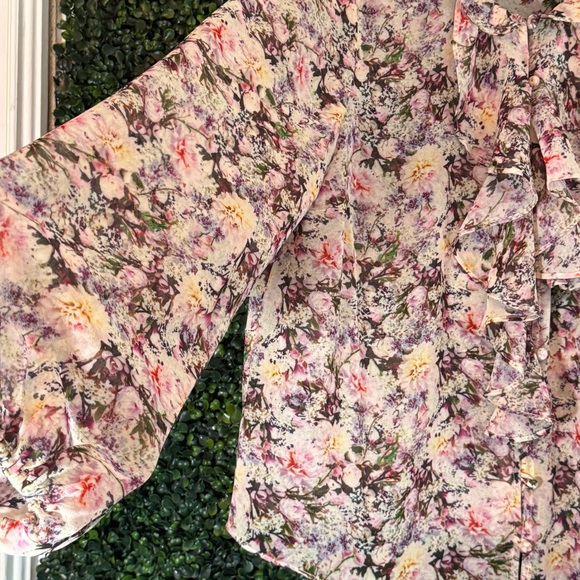 CAbi Pink Floral Ruffle-Front Long Sleeve Blouse - Picture 3 of 5